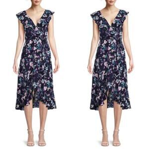 Socialite Navy Floral Ruffle Print Wrap Midi Dress